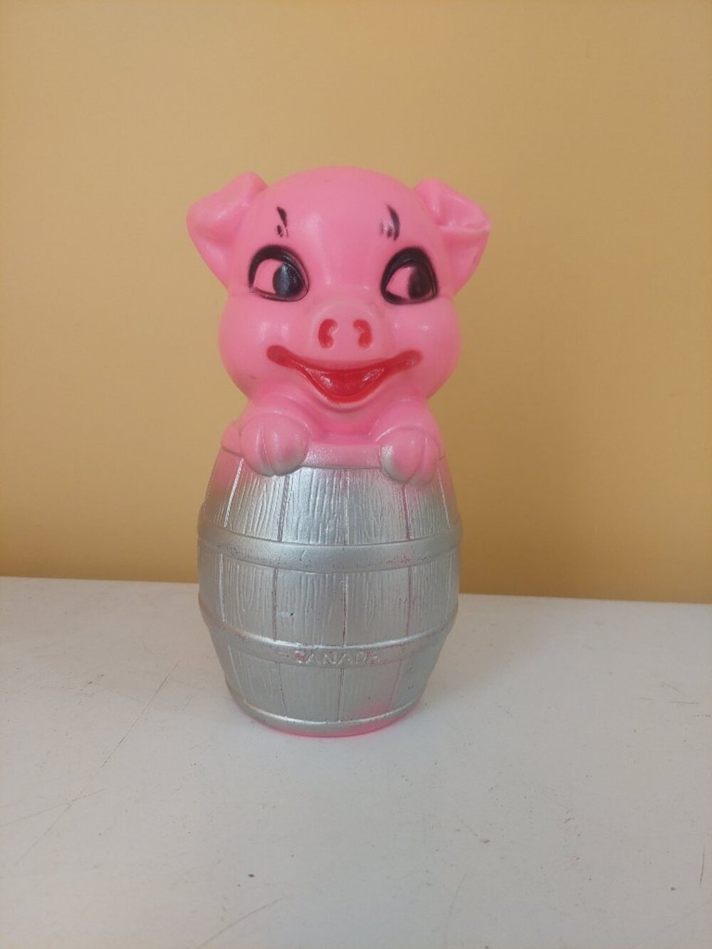 Vintage REGAL Toys Canada Plastic Piggy Bank Pig in a Barrel
